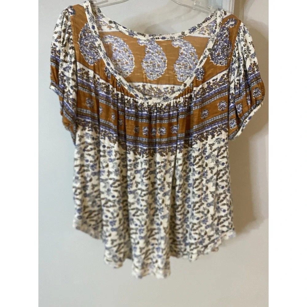 FREE PEOPLE Paisley‎ Puff Sleeve Swing Top XS Boho Oversized